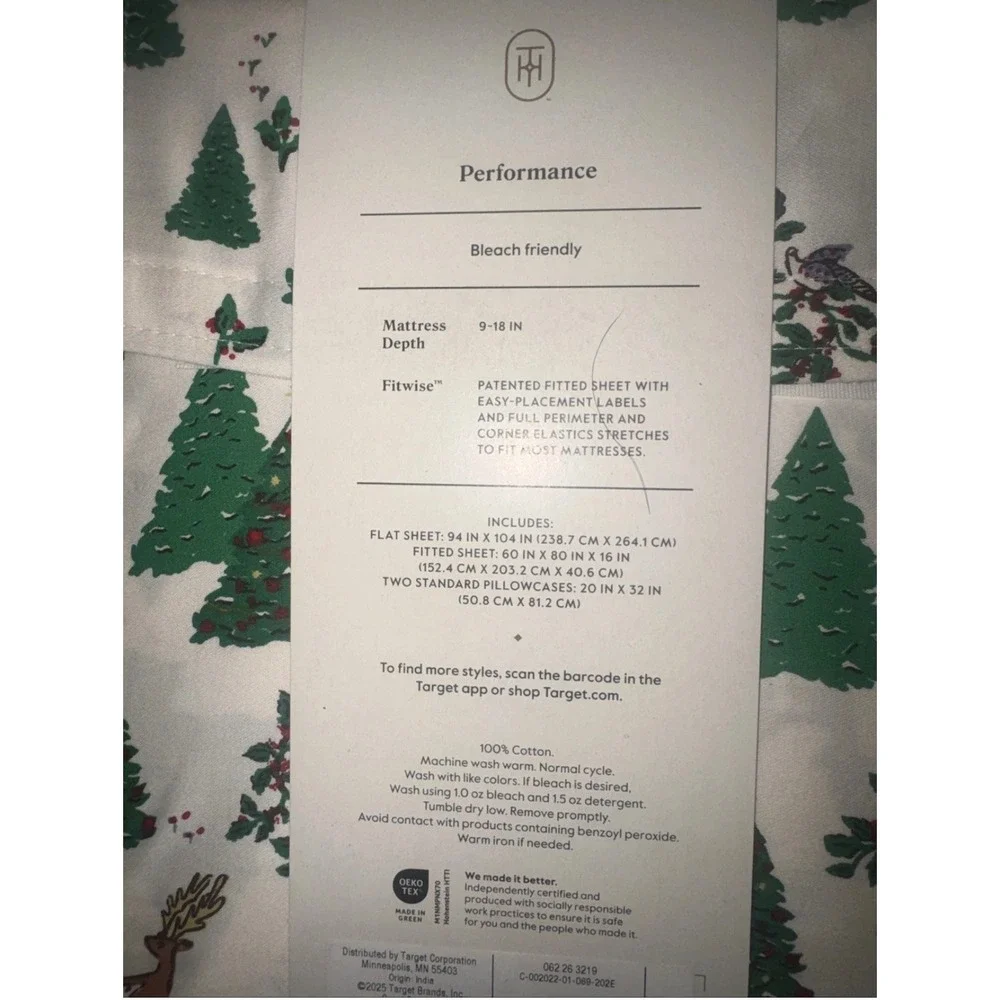 Threshold Holiday Reindeer Christmas Tree Queen Sheet Set White Green 4pc Cotton